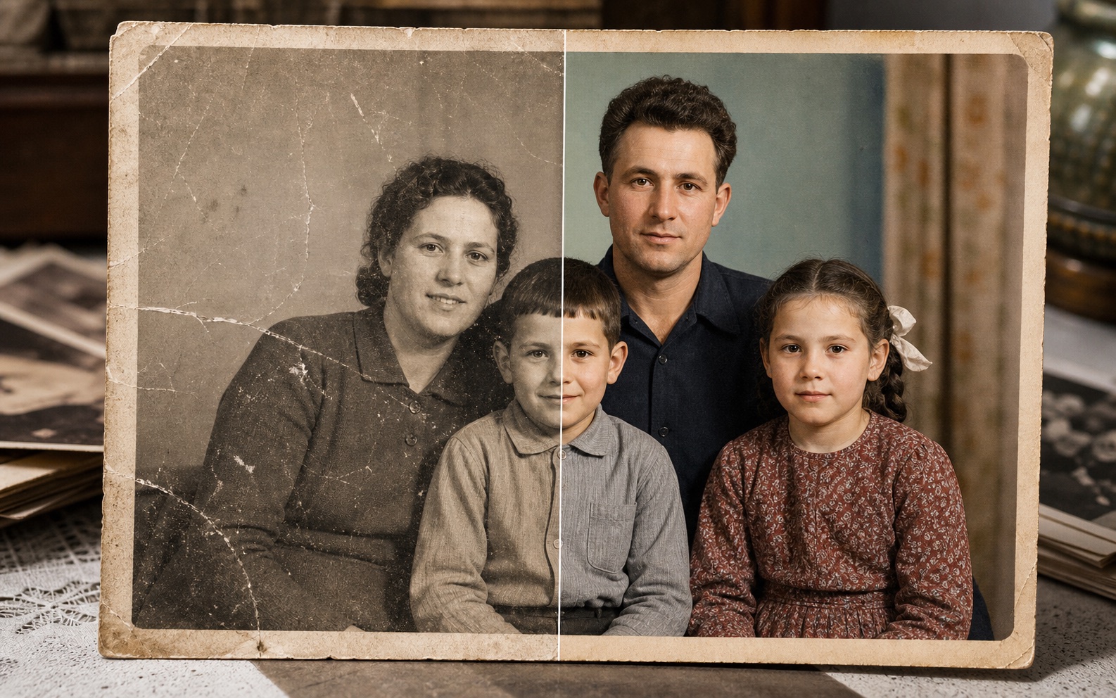 Семейное фото 1953 года: слева повреждённый оригинал, справа восстановленная цветная версия